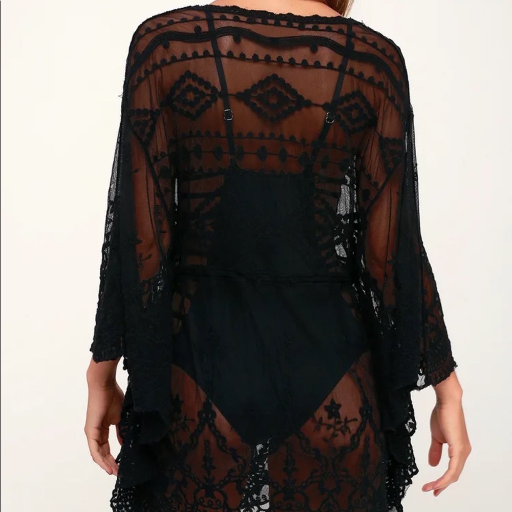 NWT Lulus Black Crochet Lace Sheer Swim Cover-Up Kimono Dress OS - Picture 2 of 4